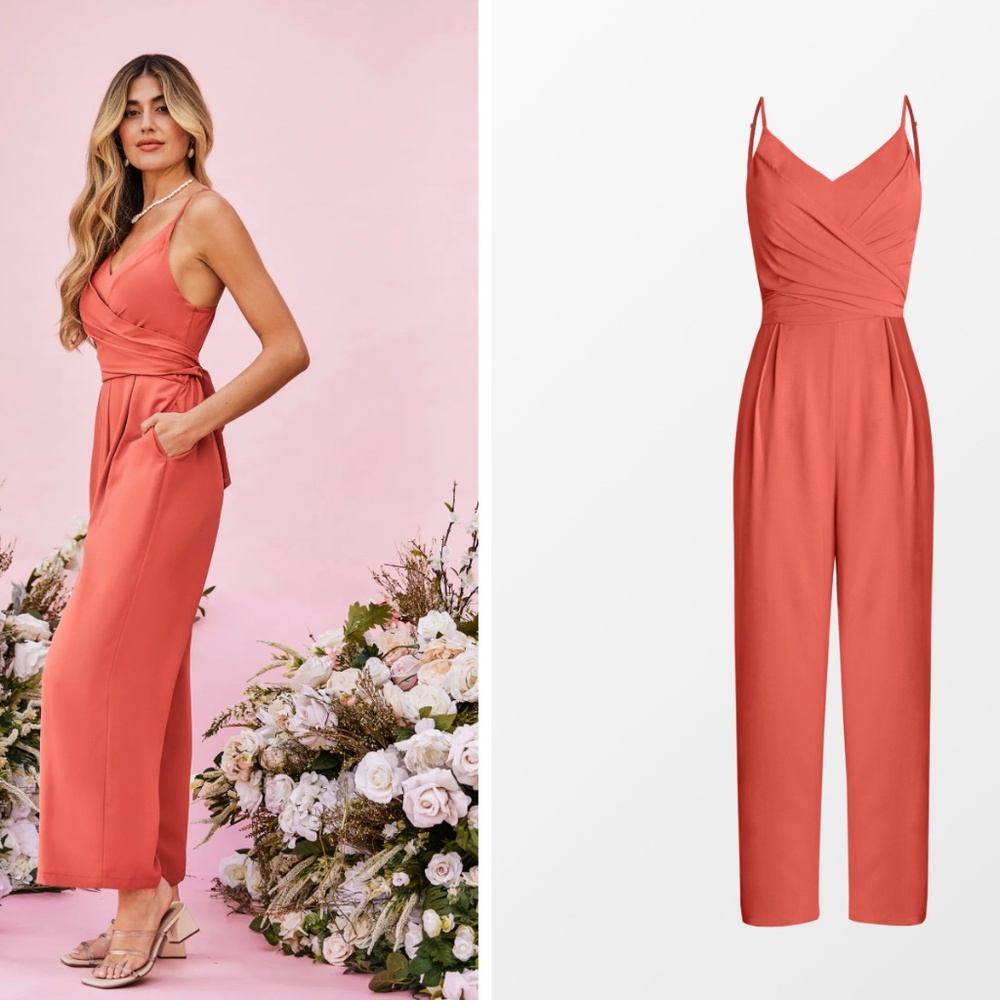 CUPSHE X Madison Honeymoon Wrap Bow Tie Jumpsuit Burnt Orange EUC